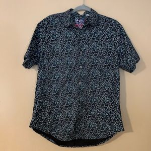 Robert Graham Navy Blue Short Sleeve Button-Down Shirt with Teal Leaf Print